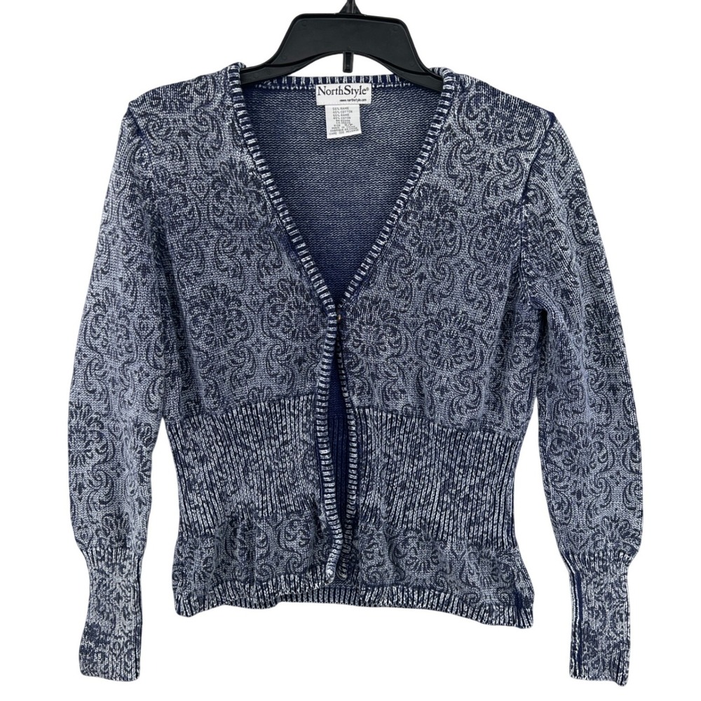 NorthStyle Peplum Cottagecore Cardigan Sweater Size S Blue Paisley Textured Boho